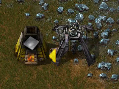 A burner mining drill placed directly facing a stone furnace, depositing mined ore straight into the furnace with no inserter between them