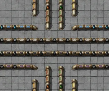 A wiki screenshot of several parallel pipes, each carrying a different coloured fluid — water, crude oil, heavy oil, light oil, petroleum gas and sulfuric acid — shown as continuous liquid rather than discrete items