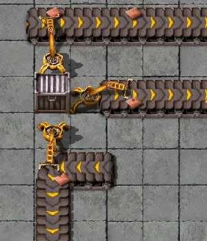 A wiki diagram of several inserters at different rotations around a chest and belts, each arrow marking which belt tile and lane that inserter's rotation makes it target