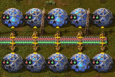 Five labs in a row, each fed automation science packs from a shared belt, all working through the same queued technology at once