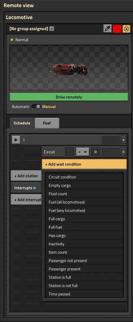 The locomotive GUI's schedule panel, showing a list of named stops each with a wait condition attached, and controls to add or reorder stops