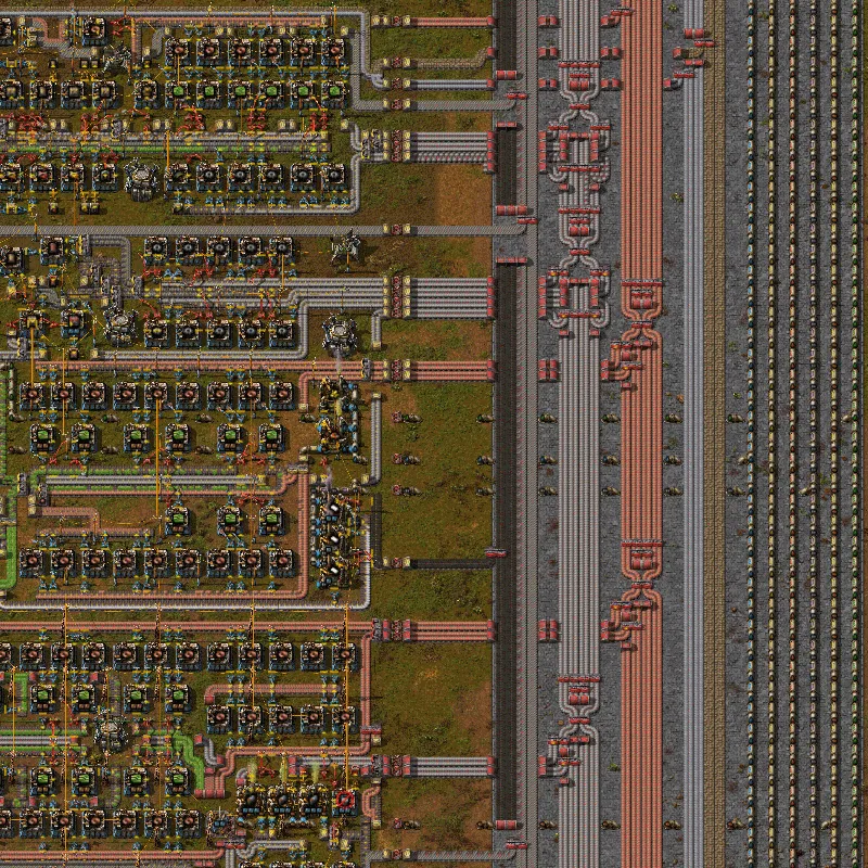 A row of parallel belts running the length of a base, with production modules branching off to feed from specific lanes