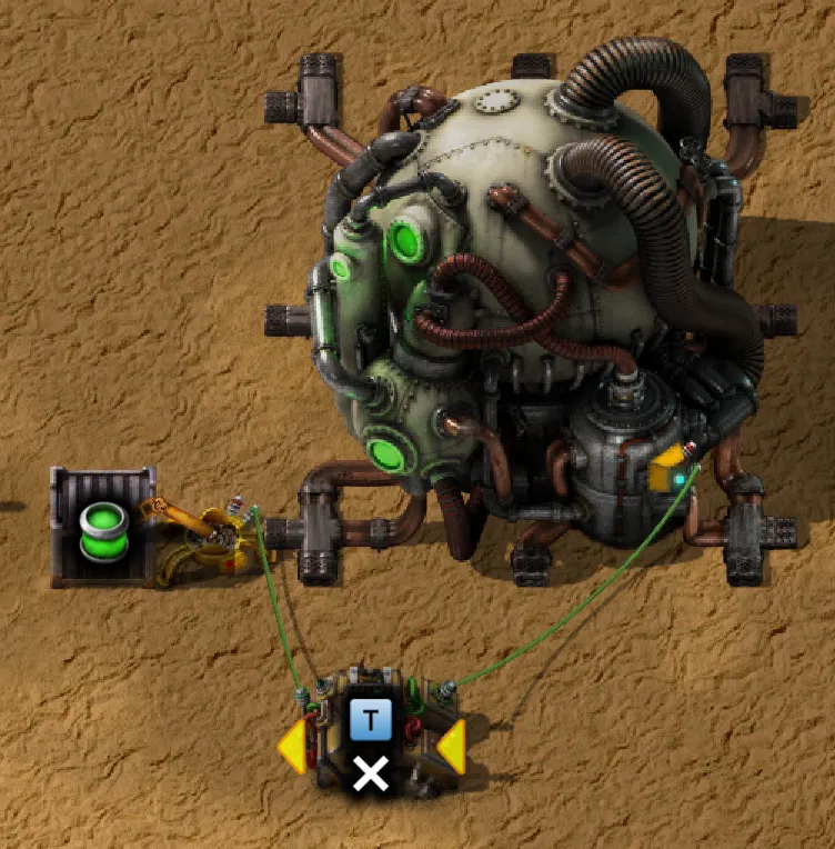 A Factorio nuclear reactor wired via green circuit wire to a decider combinator, which in turn controls an inserter feeding fuel cells from a chest
