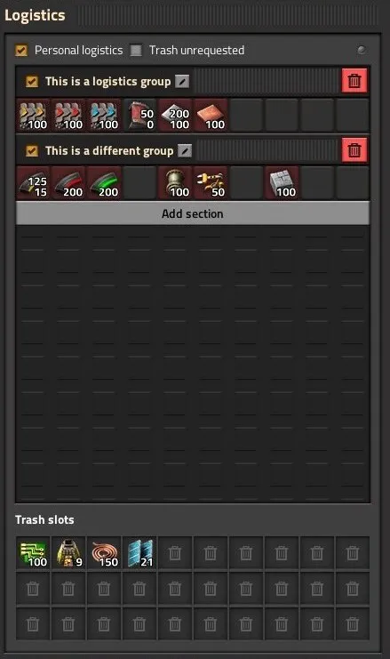 The player logistics GUI beside the inventory, showing two named, independently-enabled logistics groups of requested items