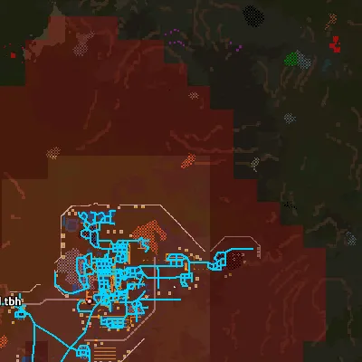 A Factorio map view showing a red pollution cloud spreading outward from a base in a blocky, chunk-aligned pattern
