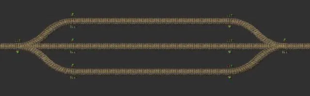 A wiki screenshot of three parallel rail lines narrowing into a single shared bidirectional section before splitting back apart into three