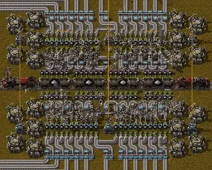 A wiki animation of a train station where logistic robots unload cargo from a train into active provider chests, then move those items into requester chests to be loaded onto belts