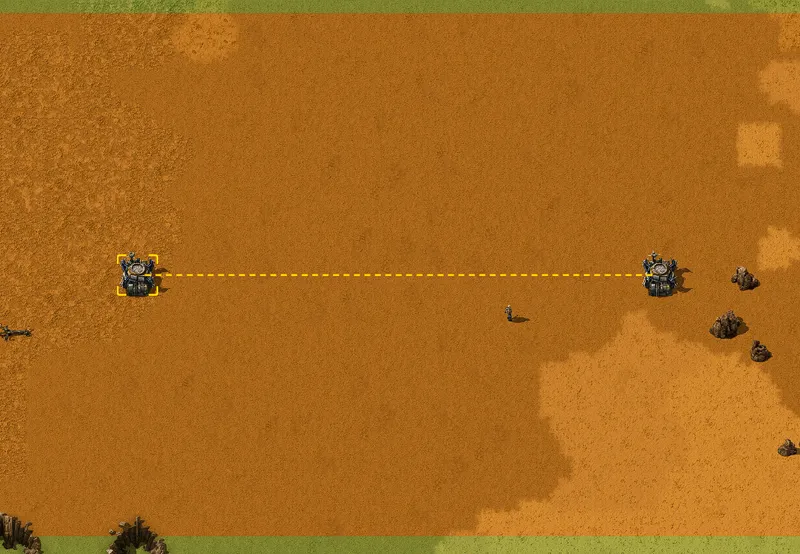 Two Factorio roboports linked by a dashed yellow line indicating they belong to the same connected logistics network