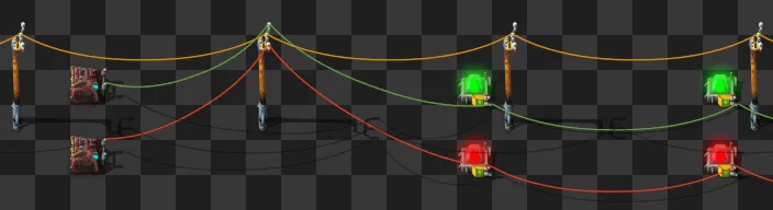 A wiki diagram of two separate circuit networks — one red, one green — both routed through the same small electric pole without merging