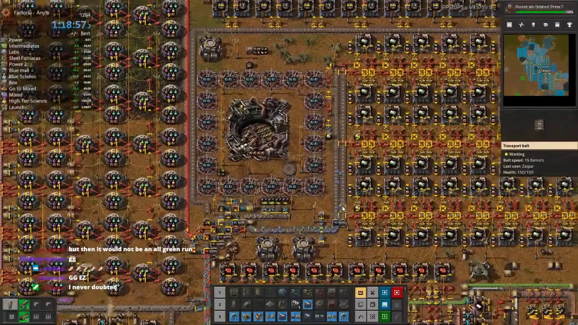 A wiki screenshot of an in-progress Factorio speedrun HUD, showing a live timer and per-milestone split times alongside the game view