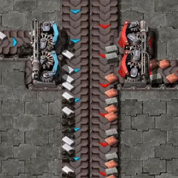 Two splitters each feeding a shared vertical belt from one side — the left splitter's output lands entirely on the belt's left lane, the right splitter's output lands entirely on the right lane