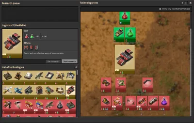 The technology screen showing the early-game tech tree, Automation highlighted as an available research alongside its cost in science packs