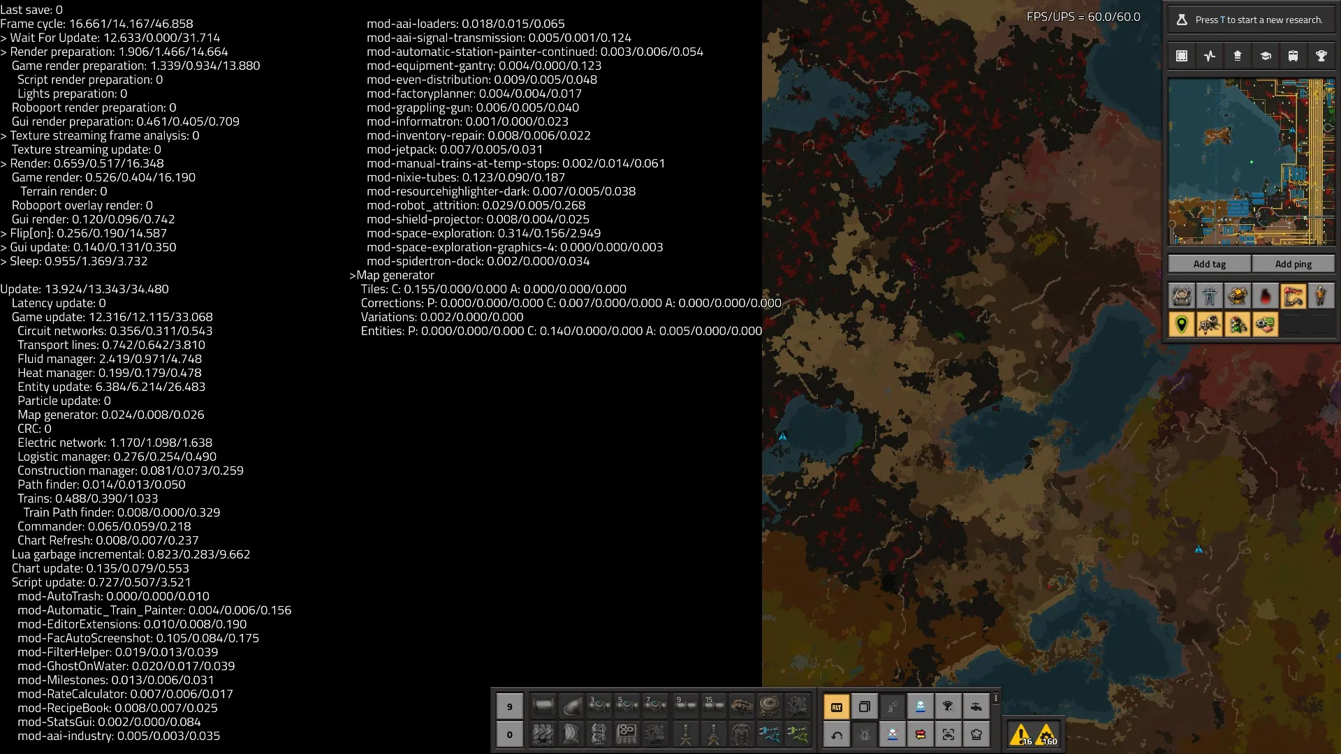 The Factorio debug time-usage screen, listing per-system costs such as Entity update, Transport lines, Trains, Electric network and Fluid manager, each broken down into current/average/maximum milliseconds per tick