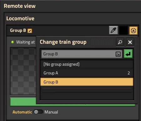 The train group GUI, showing every train currently following the same named schedule as members of one group rather than separately configured trains