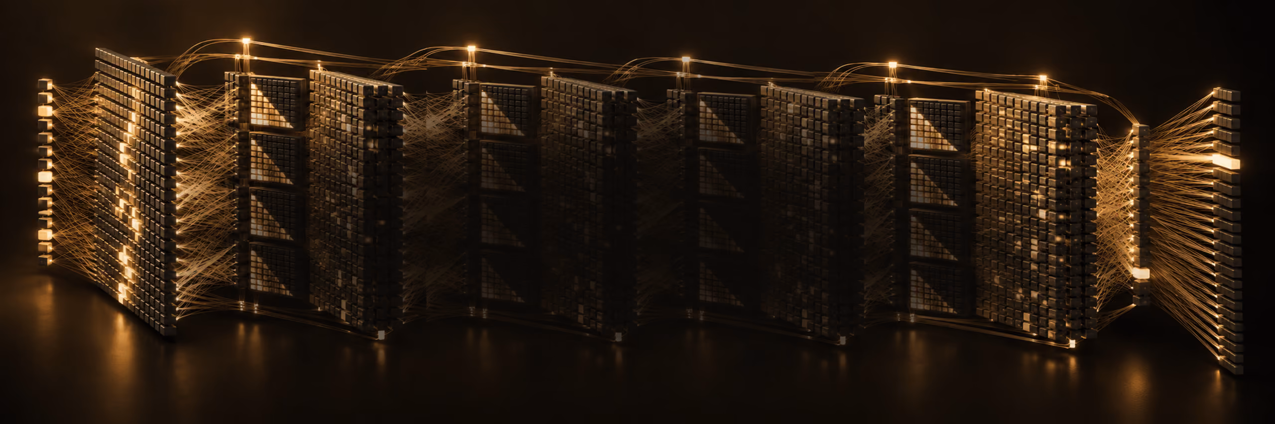 An original 3D rendering of a wide bank of translucent, server-rack-like panels linked by glowing gold threads, narrowing from a wide token input on the left to a compact output stack on the right.