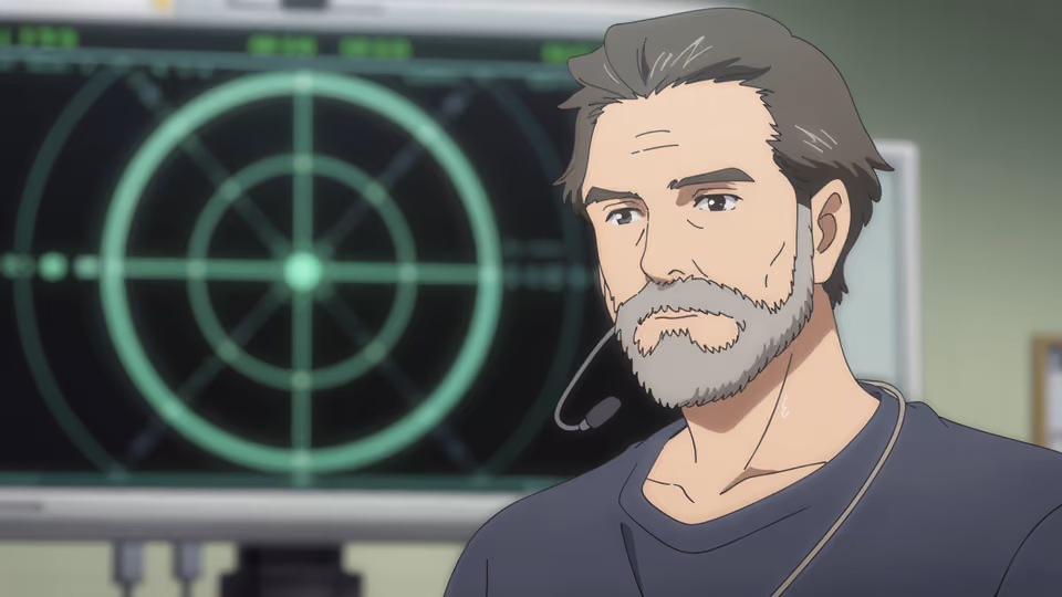 An illustration of him at work. A grey-haired, grey-bearded man in a dark sweater at a control position, a slim boom microphone at his cheek; behind him, out of focus, a round radar scope throws green light into a dark room.