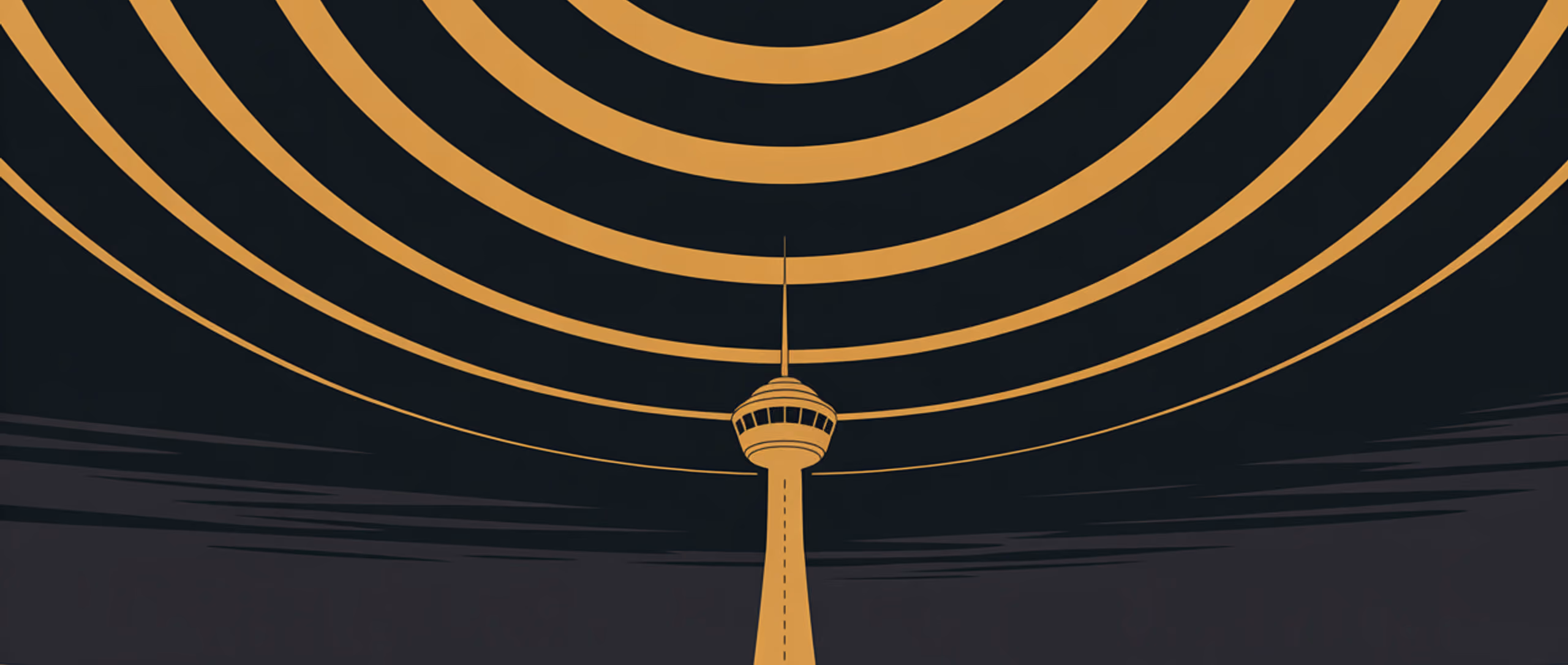 A control tower picked out in gold at the centre of a near-black illustration, with broad concentric gold arcs spreading outward from its mast like radio waves