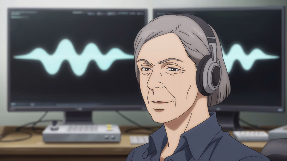 An illustration of her at work. A woman in her fifties with grey through a short dark bob, studio headphones pushed back off one ear, looking up from an audio-analysis desk; behind her, out of focus, a monitor shows a single glowing waveform trace.