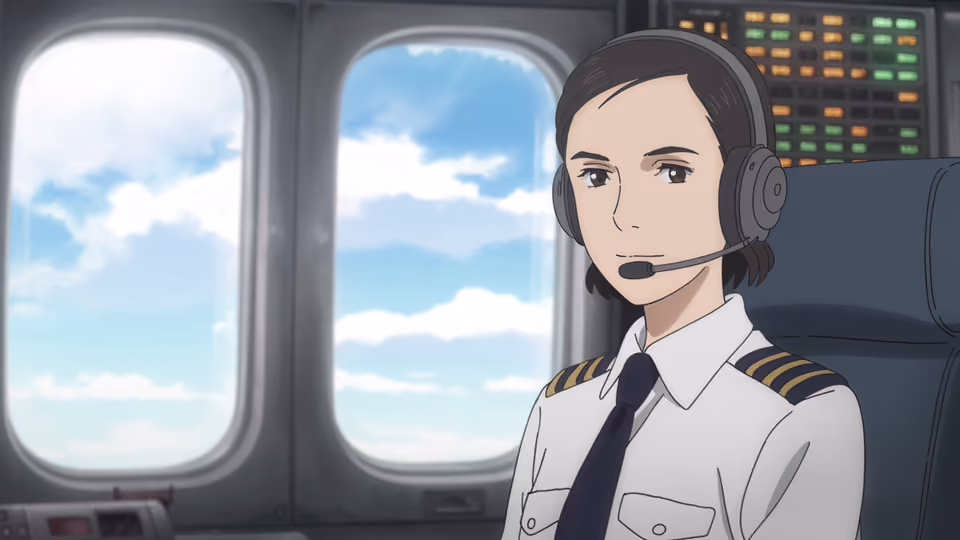 An illustration of her at work. A woman in a white uniform shirt with gold epaulettes and a headset, in the right-hand seat of an airliner flight deck, turned toward the viewer; beyond the windscreen, daylight over cloud.