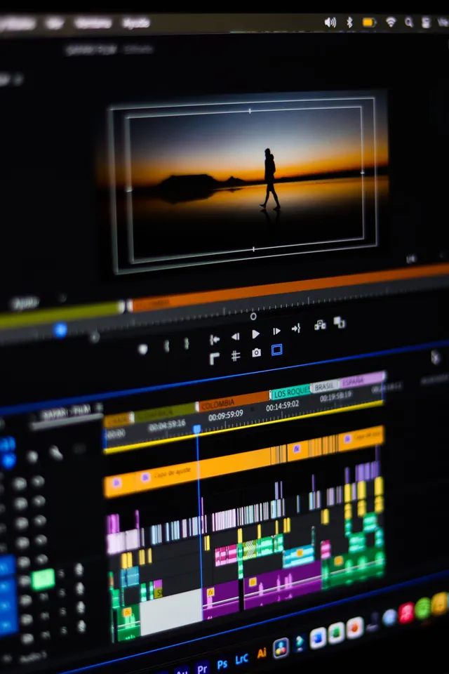 A close-up of a video editing timeline on screen, mid-edit, with a silhouetted preview frame above it.