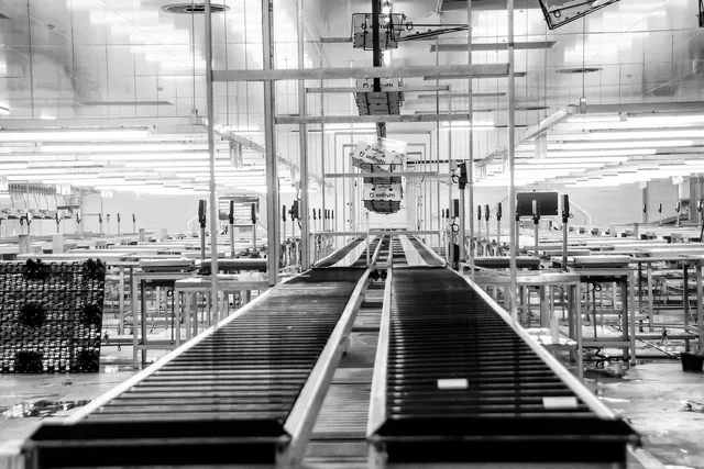 An empty factory sorting line with conveyor rollers and hanging package carriers.