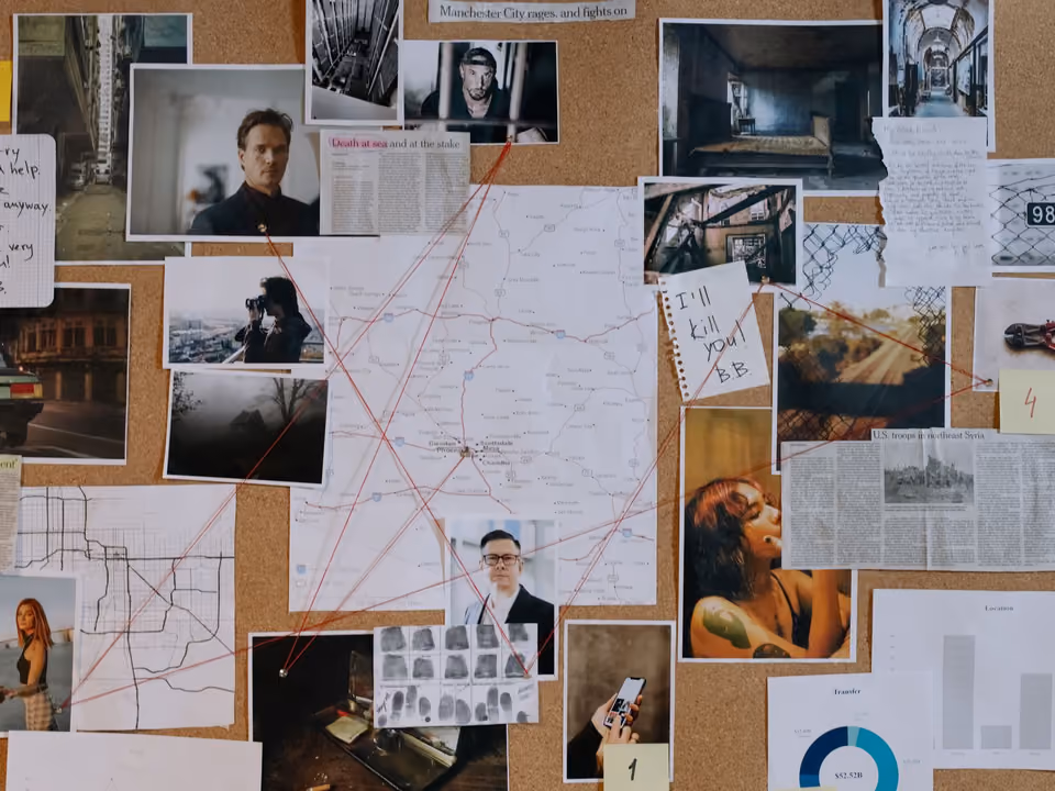 An investigation board with photos, maps and string connecting them