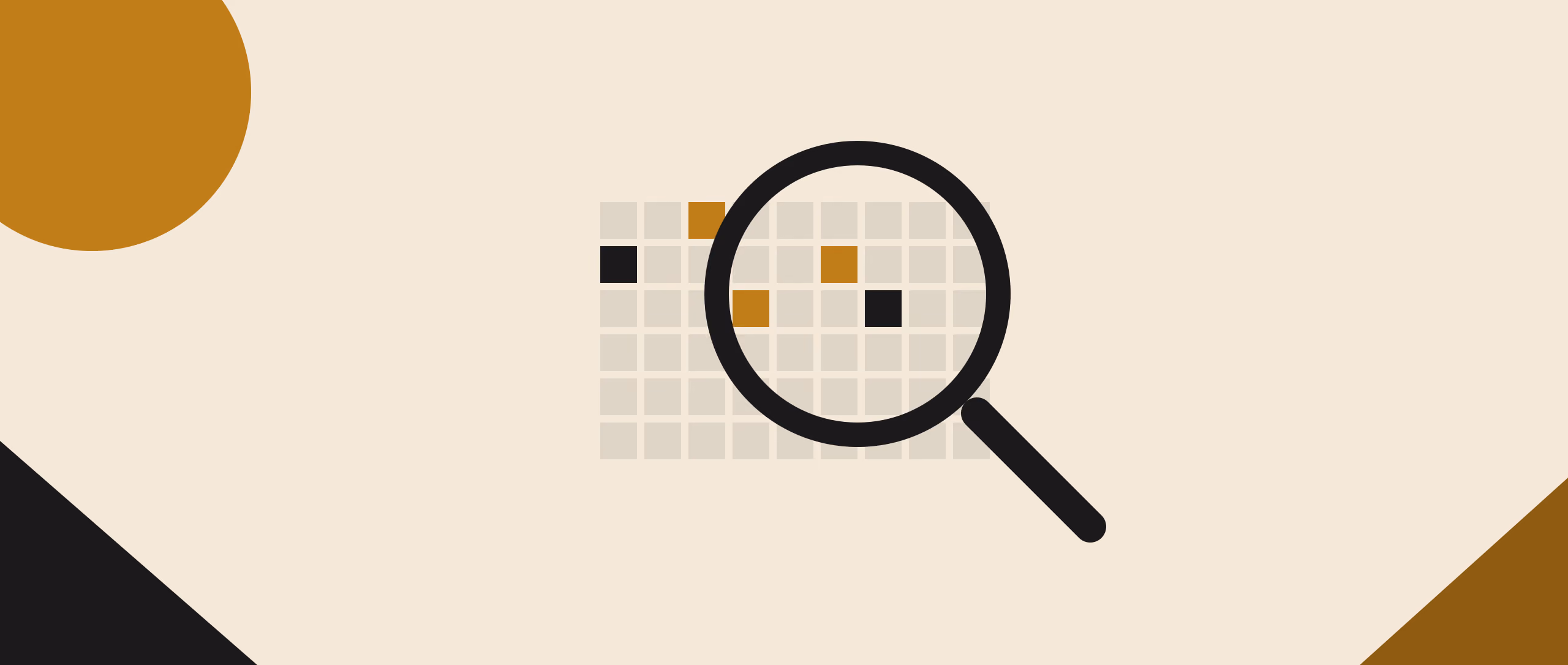 A magnifying glass held over a grid of flat pixels, three of them picked out in gold, in flat black and gold shapes on warm cream