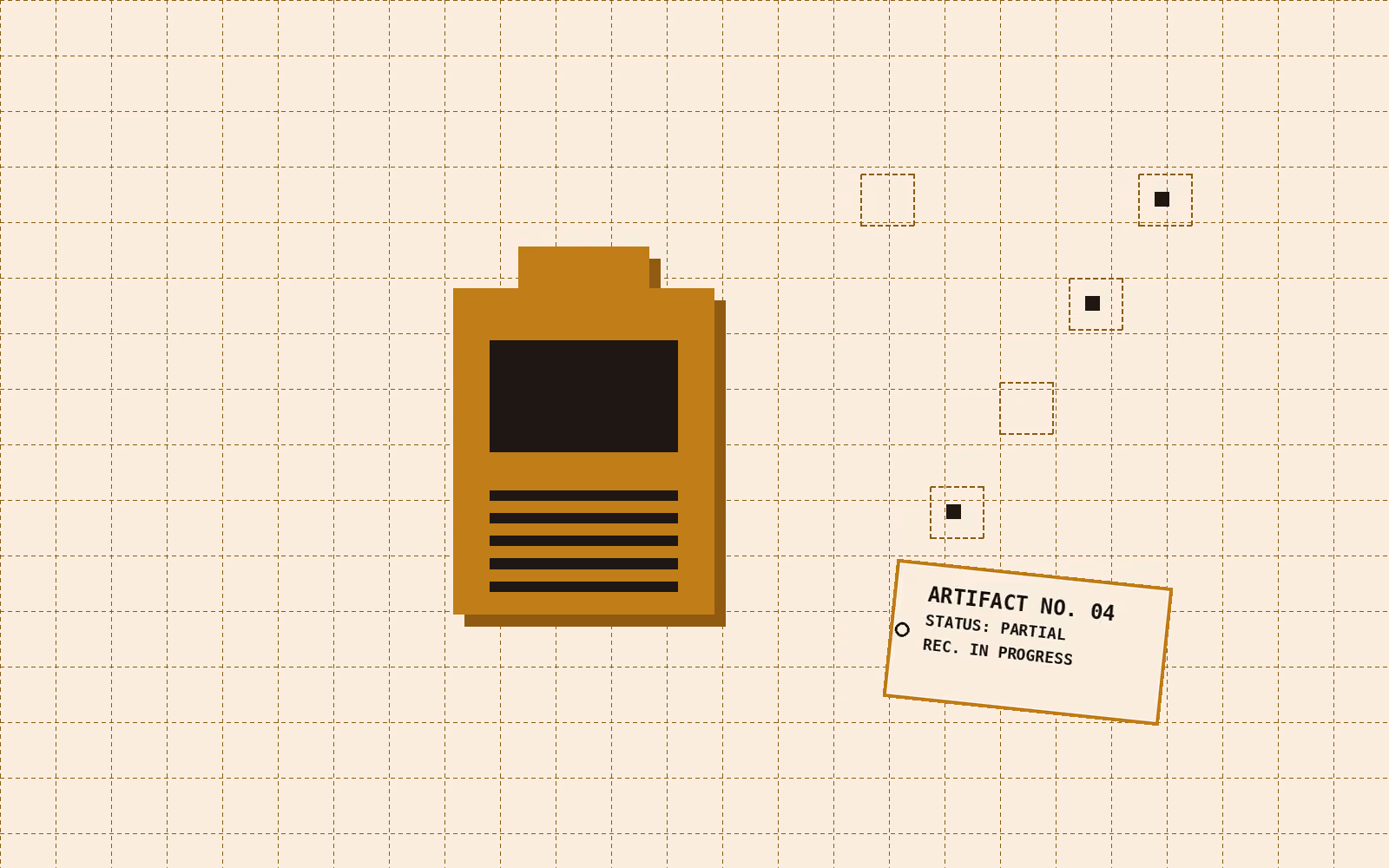 A game cartridge rendered as flat gold and black shapes, half-unearthed on a dashed survey grid with a rotated evidence tag reading artifact number 04, status partial, in a two-ink risograph print