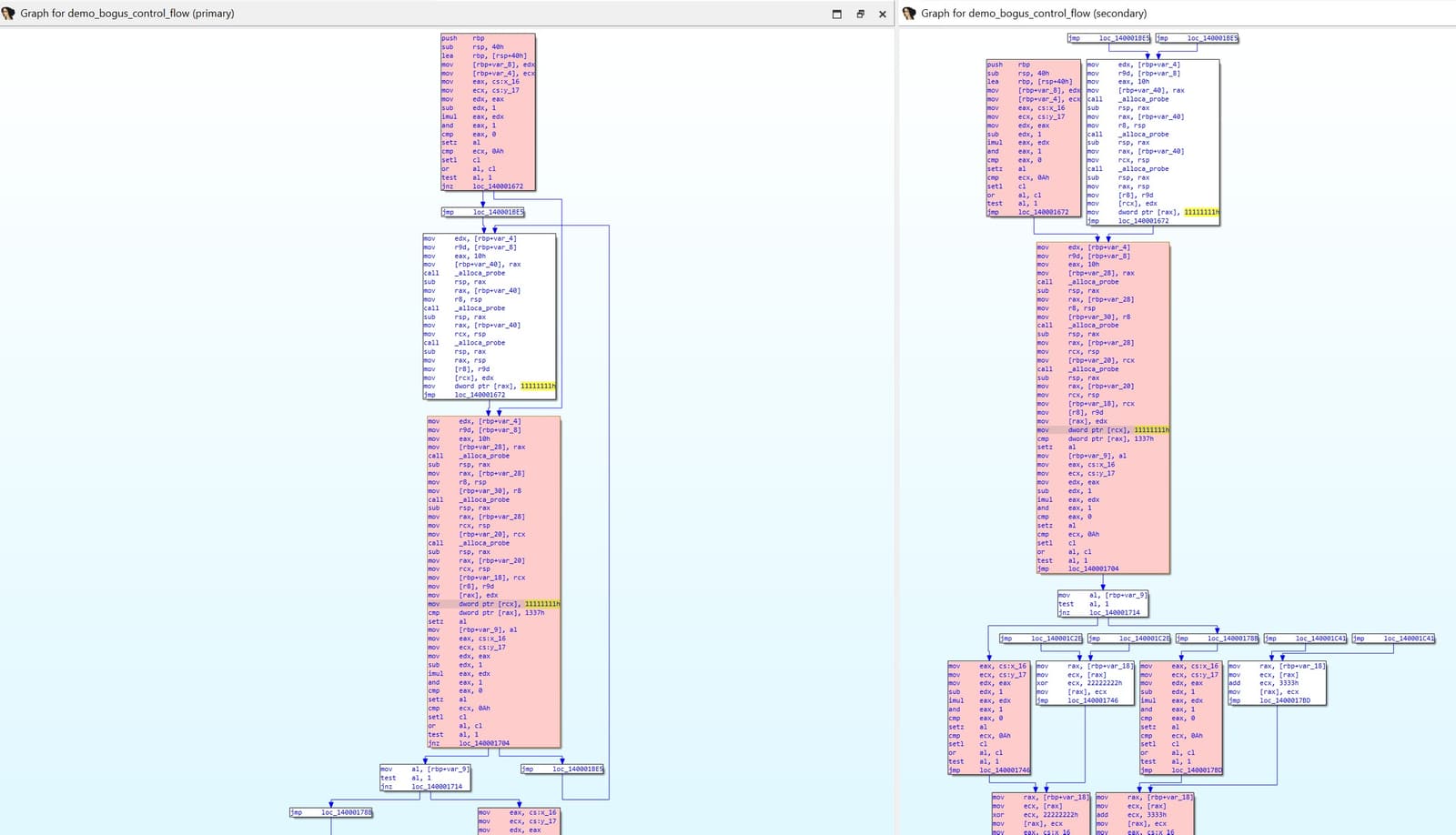 A disassembler diff close-up. On the left, conditional JNZ instructions guard duplicated regions. On the right, the same positions hold unconditional JMP instructions while the surrounding predicate computations and stub blocks remain present.
