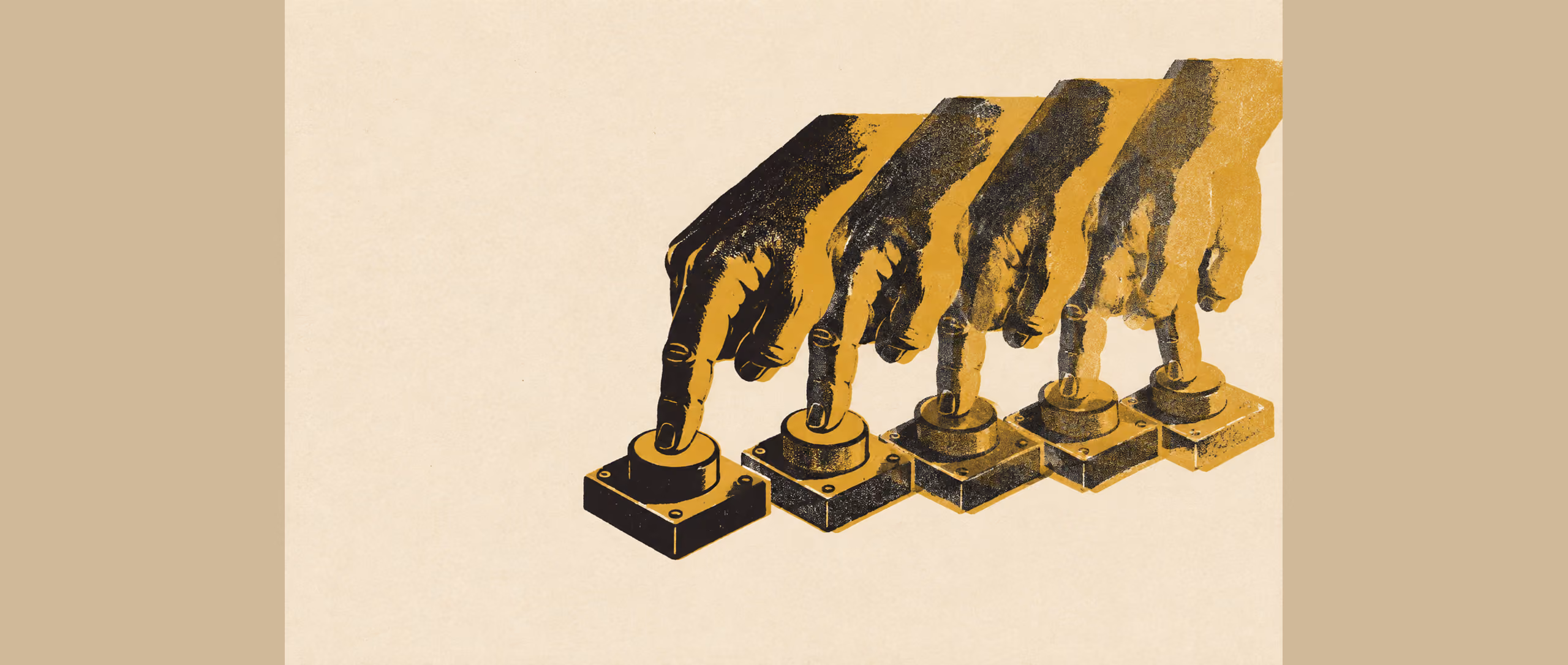 The same hand pressing the same button five times over, each impression printed further out of register than the last, in flat gold and black on cream — a two-ink risograph print