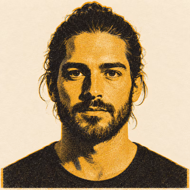 A stylised front-on portrait, short beard and long hair tied back, flat gold and black shapes on warm cream, in a two-ink risograph print