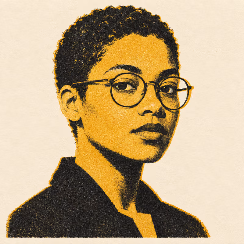 A stylised portrait in three-quarter view, short cropped hair and round glasses, flat gold and black shapes on warm cream, in a two-ink risograph print