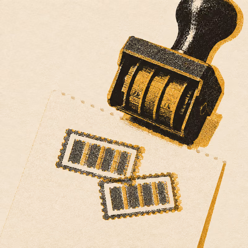 A rubber stamp striking the same receipt twice, the second impression landing just off the first