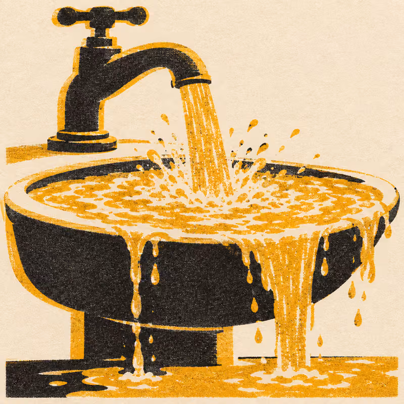 A single tap turned fully open, overflowing a basin faster than the drain can take it