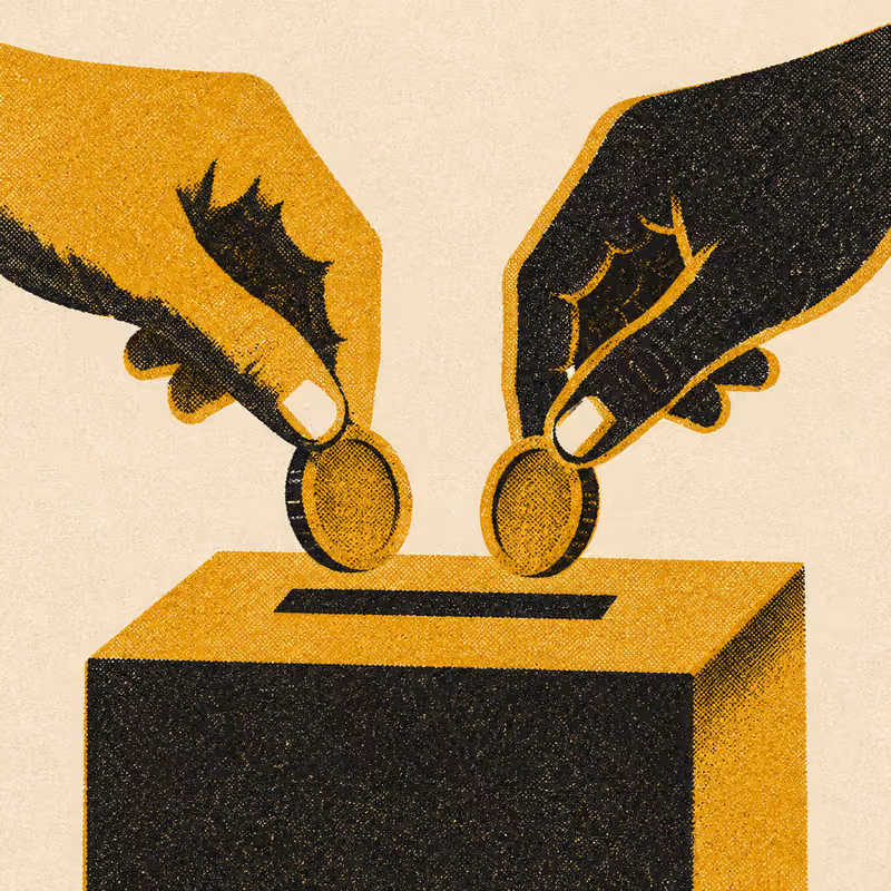 Two hands, each dropping an identical coin into the same slot at once