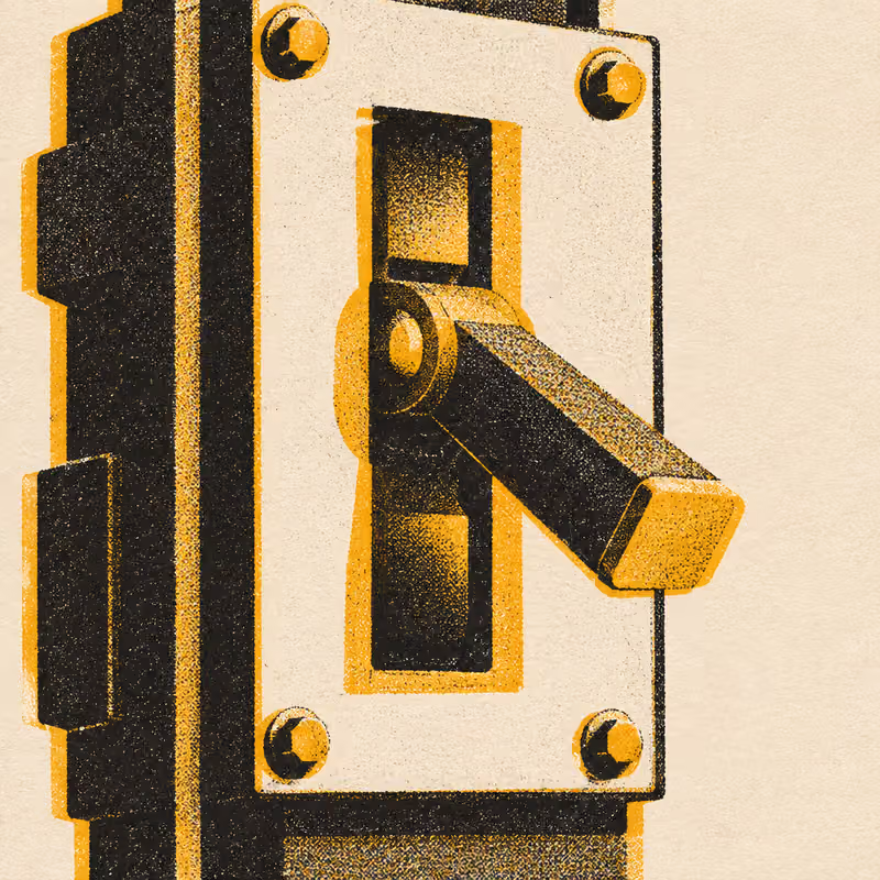 An industrial circuit-breaker switch lever caught in its half-thrown middle position