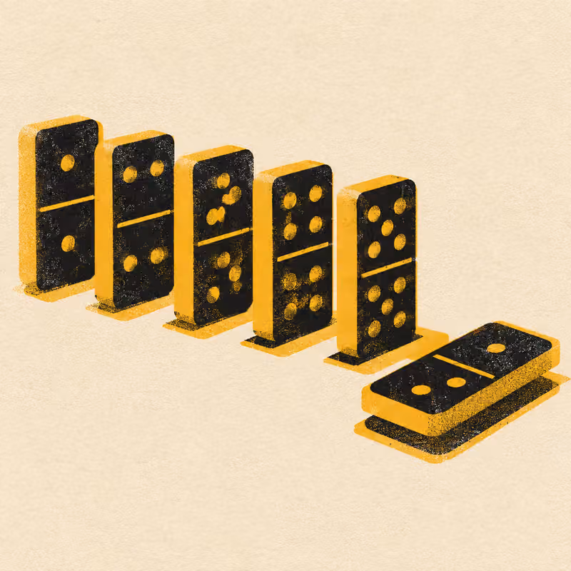 A row of dominoes with the last one already fallen, out of order ahead of the ones still standing