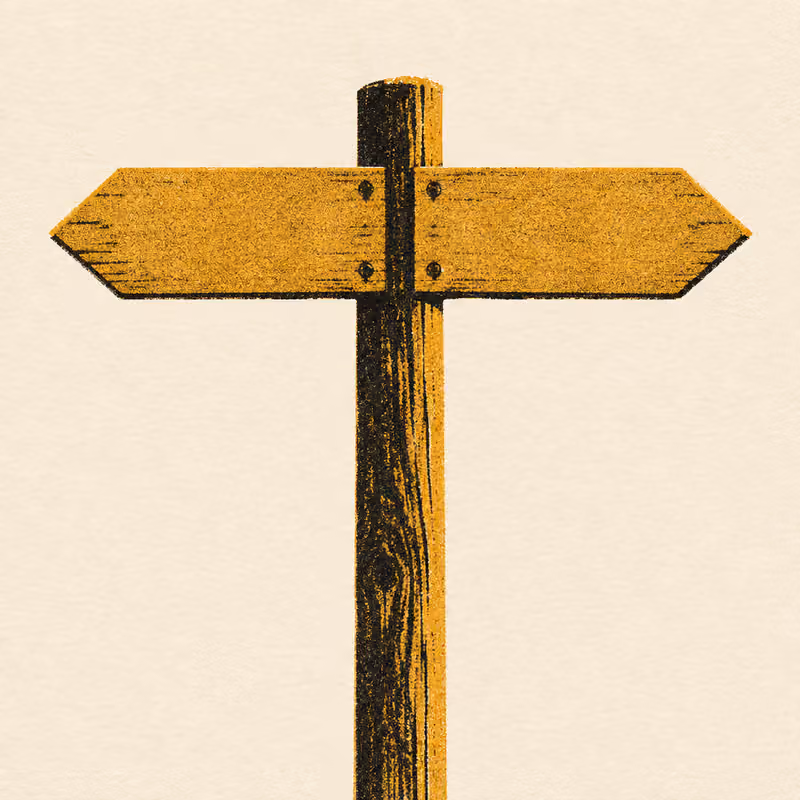A wooden signpost whose two blank arms are the same size and point in opposite directions