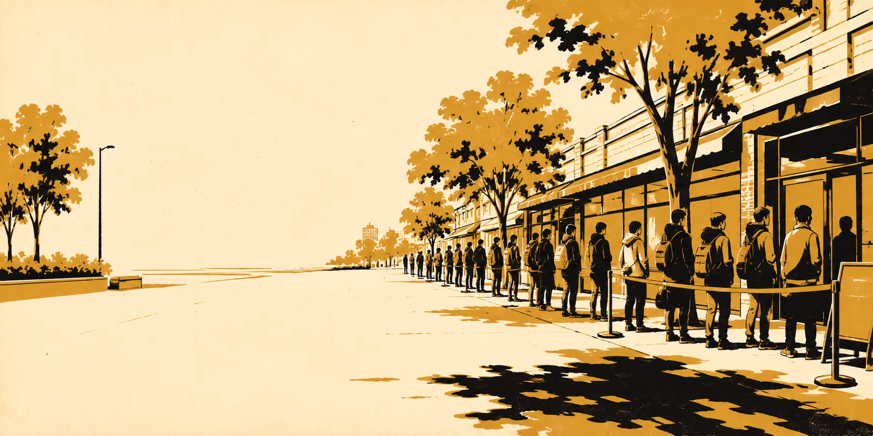 A street in gold and black, a queue of people with backpacks waiting behind a rope barrier along a shopfront under trees, with the road and pavement empty away to the left