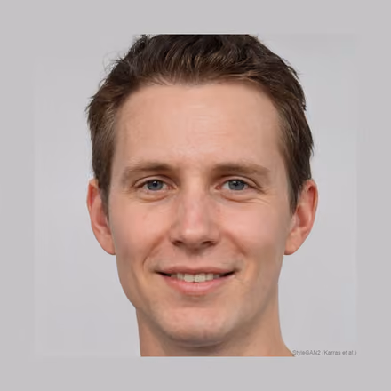 A machine-generated portrait. A person with short light brown hair, faintly smiling, facing the camera against a plain white background