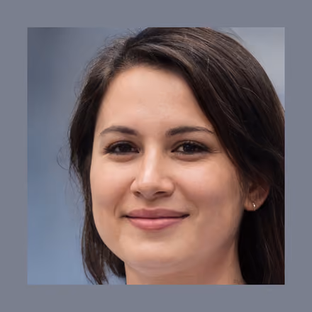 A machine-generated portrait. A person with dark shoulder-length hair, faintly smiling, facing the camera against a soft blue-grey background