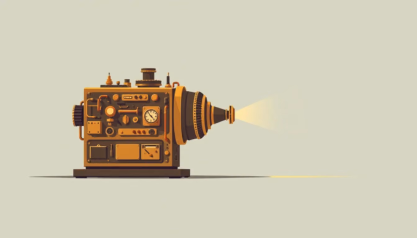 An impossible machine covered in buttons, dials and gauges, with a lens projecting a beam of light from one side, in flat gold and bronze shapes