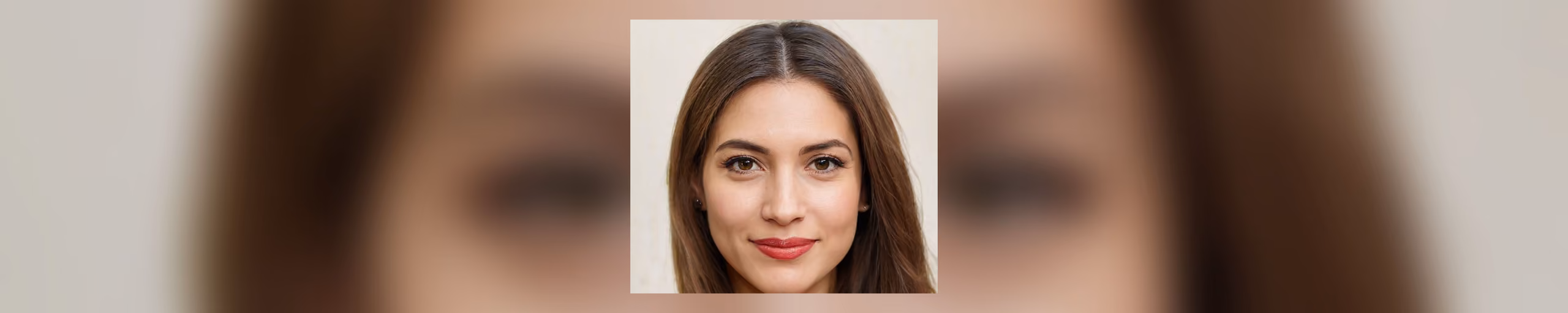 A photographic portrait of a woman with long straight brown hair, facing the viewer against a plain cream background.