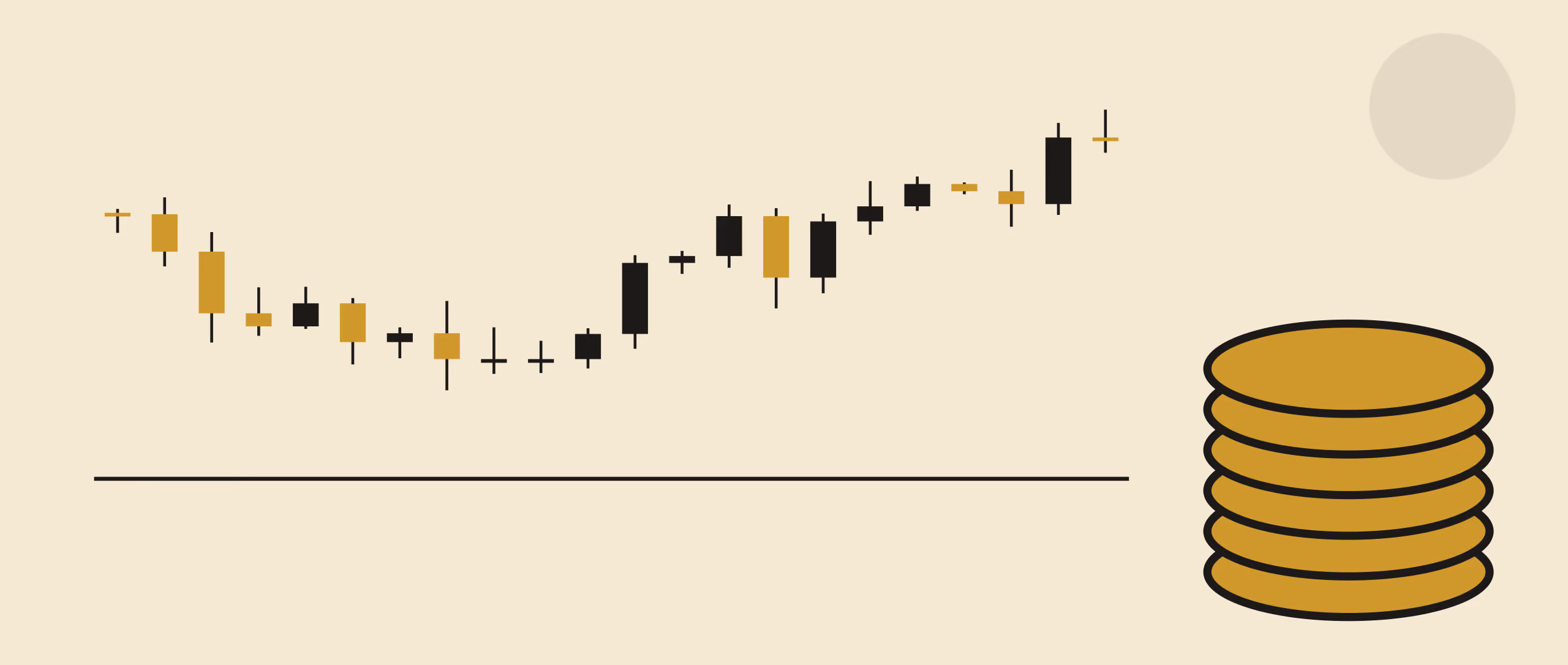 A candlestick price chart and a rack of stacked coins, reduced to flat gold and black shapes on warm cream, in a two-ink risograph print