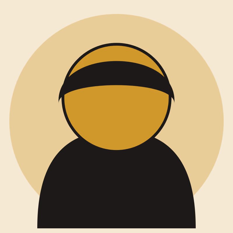 A stylised portrait of a person in three-quarter view, flat gold and black shapes on warm cream, in a two-ink risograph print