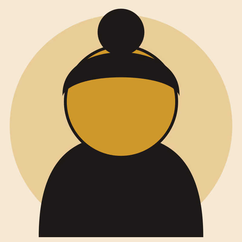 A stylised portrait of a person facing the viewer, flat gold and black shapes on warm cream, in a two-ink risograph print
