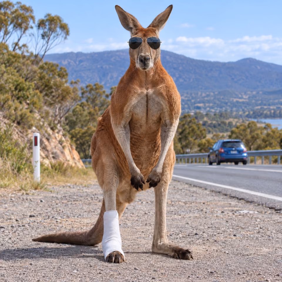 A kangaroo wearing sunglasses, with a bandaged leg, standing on the roadside next to a crashed car.