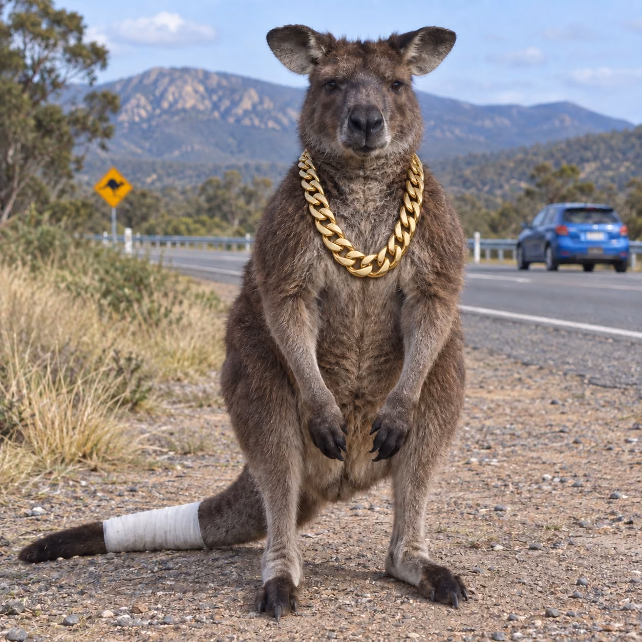 A kangaroo wearing a large gold chain, with a bandaged tail, standing on the roadside next to a crashed car.