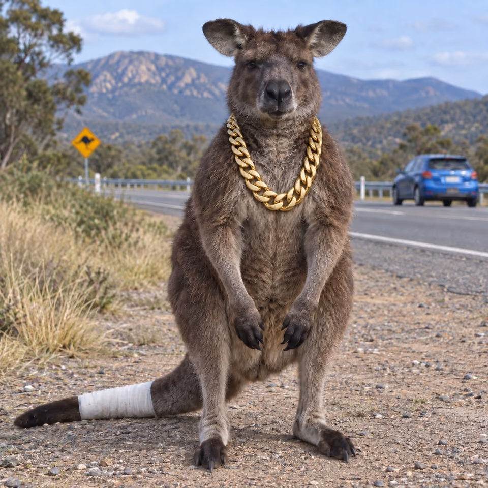 A kangaroo wearing a large gold chain, with a bandaged tail, standing on the roadside next to a crashed car.