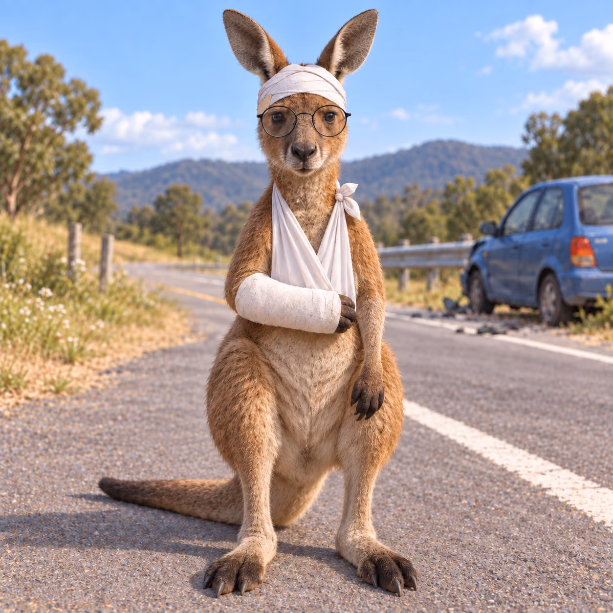 A kangaroo with a bandage wrapped around its head, round glasses, and one arm in a plaster cast and sling, standing on the roadside beside a crashed car.